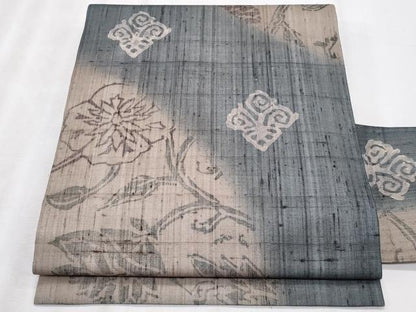 平和屋着物＊夏物　九寸名古屋帯　紬地　枝花文　正絹　逸品　CABL2036fb