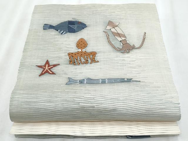 平和屋着物＊夏物　八寸名古屋帯　絽綴れ　魚　蛸　烏賊　正絹　逸品　CABL2041fb