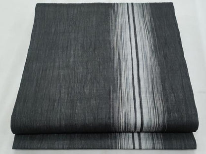 平和屋着物＊夏物　九寸開き名古屋帯　本場小千谷ちぢみ　間道　黒地　麻　逸品　CABL2049fb