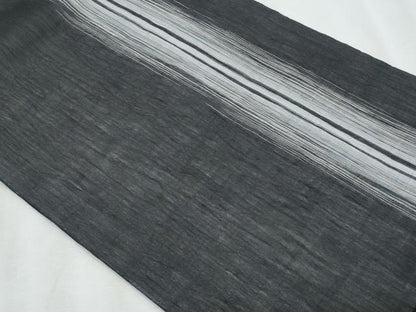 平和屋着物＊夏物　九寸開き名古屋帯　本場小千谷ちぢみ　間道　黒地　麻　逸品　CABL2049fb