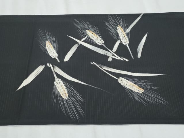 平和屋着物＊夏物　絽塩瀬　九寸開き名古屋帯　ろうけつ染め　稲穂　黒地　正絹　逸品　CABL2056fb