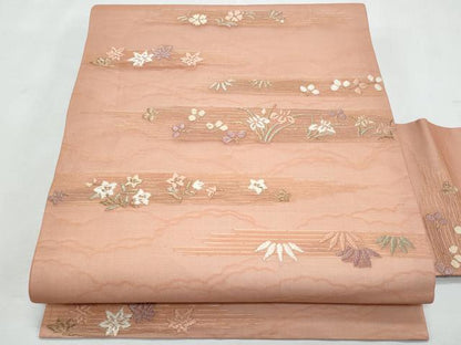 平和屋着物＊夏物　九寸名古屋帯　唐織　横段草花文　金糸　正絹　逸品　CABL2093fb