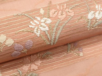 平和屋着物＊夏物　九寸名古屋帯　唐織　横段草花文　金糸　正絹　逸品　CABL2093fb