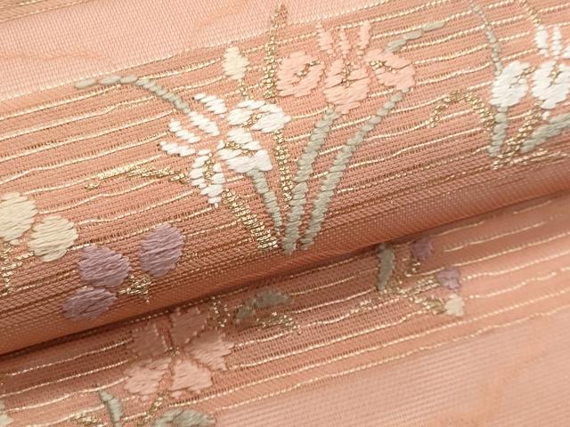 平和屋着物＊夏物　九寸名古屋帯　唐織　横段草花文　金糸　正絹　逸品　CABL2093fb
