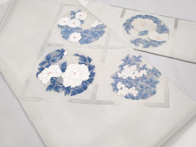 平和屋着物＊夏物　九寸名古屋帯　唐織　花丸文　銀糸　正絹　逸品　CABL2095fb