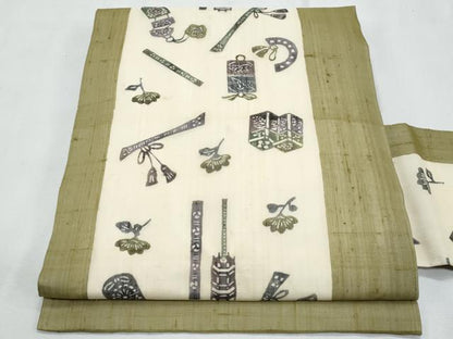 平和屋着物＊夏物　絹芭蕉　九寸名古屋帯　型染め　器物花文　正絹　逸品　CABL2097fb