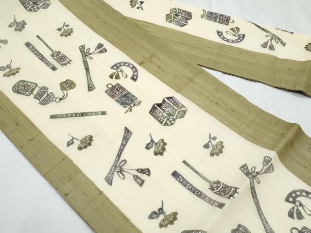 平和屋着物＊夏物　絹芭蕉　九寸名古屋帯　型染め　器物花文　正絹　逸品　CABL2097fb