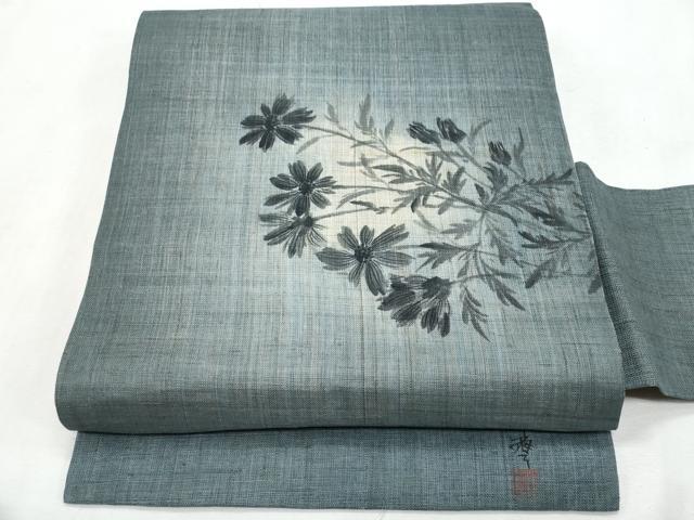 平和屋着物＊夏物　九寸名古屋帯　作家物　手描き　枝花文　麻　逸品　CABL2115fb