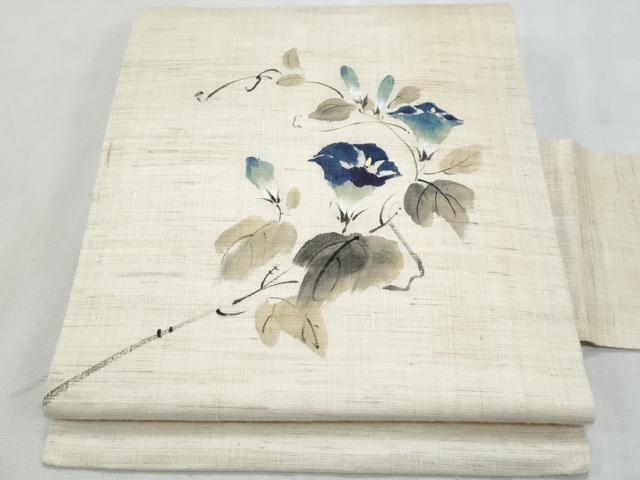 平和屋着物＊夏物　九寸名古屋帯　手描き　枝花文　麻　逸品　CABL2116fb