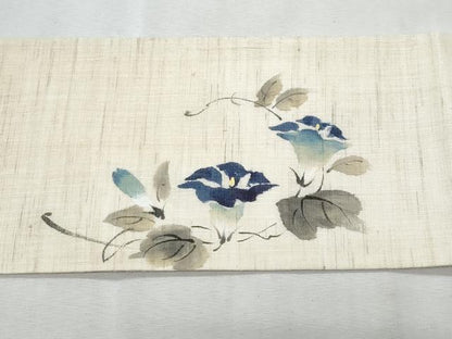 平和屋着物＊夏物　九寸名古屋帯　手描き　枝花文　麻　逸品　CABL2116fb