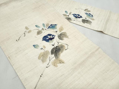 平和屋着物＊夏物　九寸名古屋帯　手描き　枝花文　麻　逸品　CABL2116fb