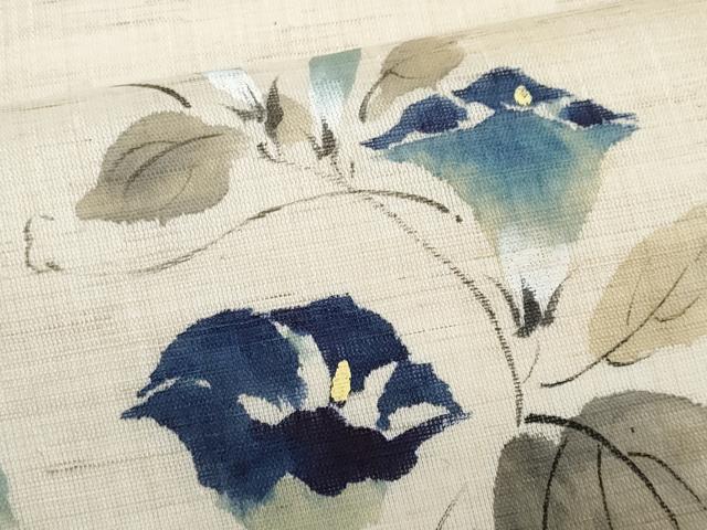 平和屋着物＊夏物　九寸名古屋帯　手描き　枝花文　麻　逸品　CABL2116fb