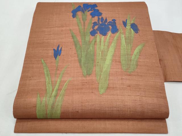 平和屋着物＊夏物　九寸名古屋帯　手描き　杜若　麻　逸品　CABL2120fb