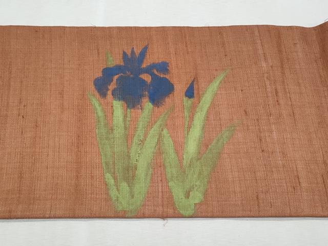平和屋着物＊夏物　九寸名古屋帯　手描き　杜若　麻　逸品　CABL2120fb