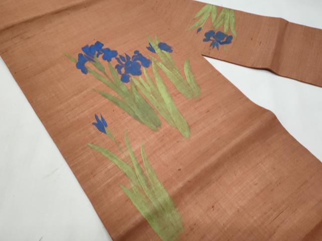 平和屋着物＊夏物　九寸名古屋帯　手描き　杜若　麻　逸品　CABL2120fb