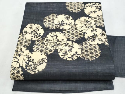 平和屋着物＊夏物　九寸名古屋帯　作家物　伊勢型染　雪輪重ね枝花文　麻　逸品　CABL2121fb