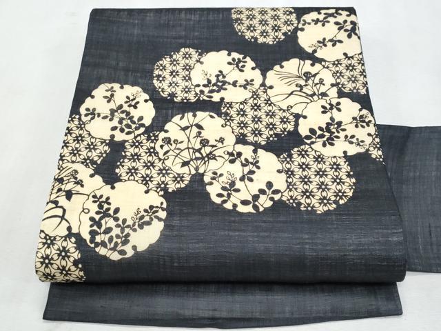 平和屋着物＊夏物　九寸名古屋帯　作家物　伊勢型染　雪輪重ね枝花文　麻　逸品　CABL2121fb