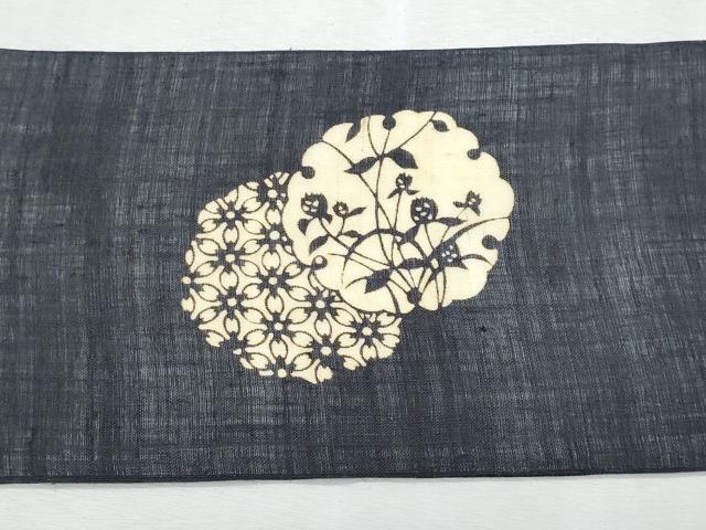平和屋着物＊夏物　九寸名古屋帯　作家物　伊勢型染　雪輪重ね枝花文　麻　逸品　CABL2121fb