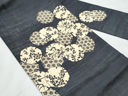 平和屋着物＊夏物　九寸名古屋帯　作家物　伊勢型染　雪輪重ね枝花文　麻　逸品　CABL2121fb