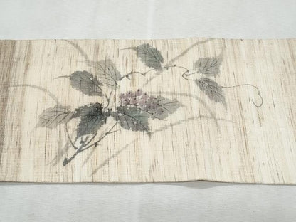 平和屋着物＊夏物　九寸名古屋帯　作家物　手描き　紬地　葡萄蔦の葉文　麻　逸品　CABL2122fb