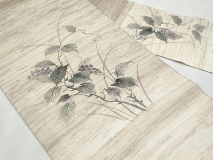 平和屋着物＊夏物　九寸名古屋帯　作家物　手描き　紬地　葡萄蔦の葉文　麻　逸品　CABL2122fb