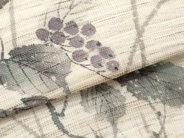 平和屋着物＊夏物　九寸名古屋帯　作家物　手描き　紬地　葡萄蔦の葉文　麻　逸品　CABL2122fb