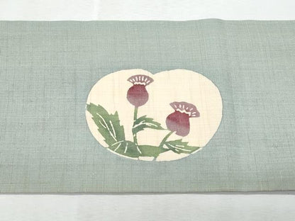 平和屋着物＊夏物　九寸名古屋帯　型染め　草花文　麻　逸品　CABL2123fb
