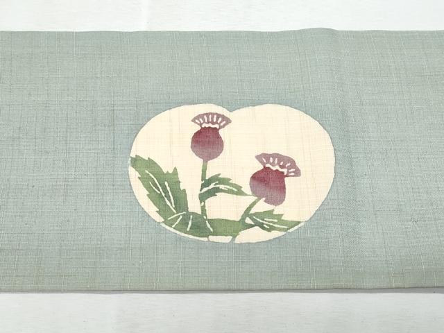 平和屋着物＊夏物　九寸名古屋帯　型染め　草花文　麻　逸品　CABL2123fb