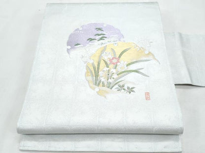 平和屋着物＊夏物　九寸名古屋帯　作家物　寿光織　雪輪重ね草花文　金糸　銀通し地　正絹　逸品　CABL2124fb