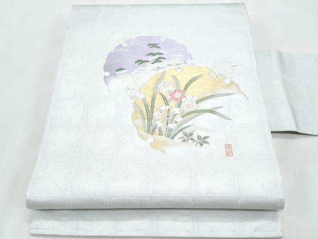 平和屋着物＊夏物　九寸名古屋帯　作家物　寿光織　雪輪重ね草花文　金糸　銀通し地　正絹　逸品　CABL2124fb