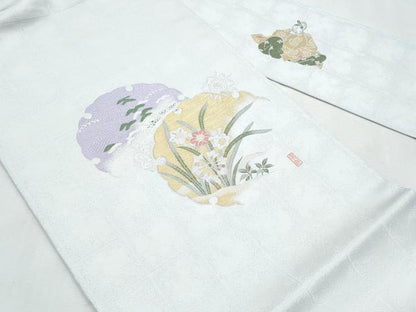 平和屋着物＊夏物　九寸名古屋帯　作家物　寿光織　雪輪重ね草花文　金糸　銀通し地　正絹　逸品　CABL2124fb