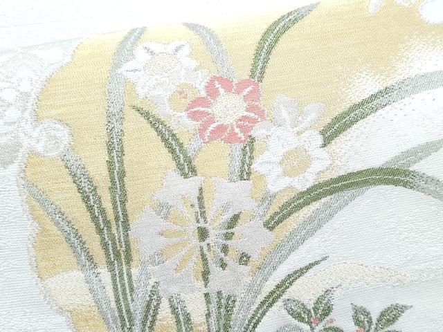 平和屋着物＊夏物　九寸名古屋帯　作家物　寿光織　雪輪重ね草花文　金糸　銀通し地　正絹　逸品　CABL2124fb