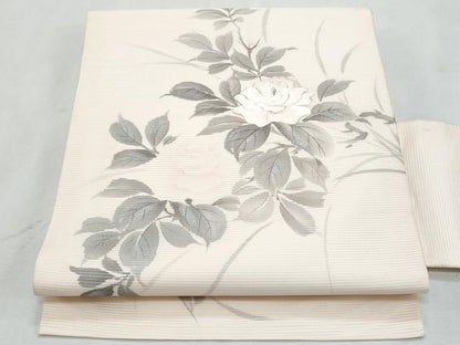 平和屋着物＊夏物　九寸名古屋帯　作家物　手描き　刺繍　草花文　銀彩　正絹　逸品　CABL2125fb