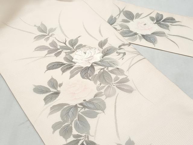 平和屋着物＊夏物　九寸名古屋帯　作家物　手描き　刺繍　草花文　銀彩　正絹　逸品　CABL2125fb