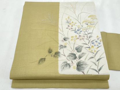 平和屋着物＊夏物　九寸名古屋帯　手描き　草花文　金銀彩　正絹　逸品　CABL2126fb