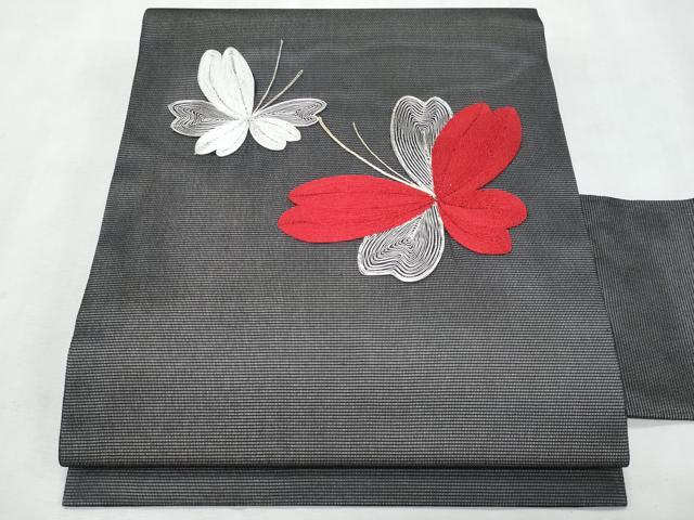 平和屋着物＊夏物　九寸名古屋帯　駒刺繍　舞蝶文　黒地　正絹　逸品　CABL2132fb