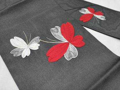 平和屋着物＊夏物　九寸名古屋帯　駒刺繍　舞蝶文　黒地　正絹　逸品　CABL2132fb