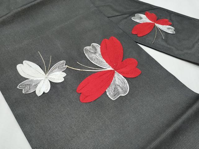 平和屋着物＊夏物　九寸名古屋帯　駒刺繍　舞蝶文　黒地　正絹　逸品　CABL2132fb