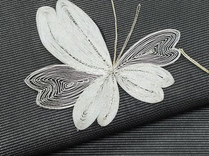 平和屋着物＊夏物　九寸名古屋帯　駒刺繍　舞蝶文　黒地　正絹　逸品　CABL2132fb