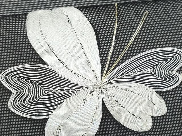 平和屋着物＊夏物　九寸名古屋帯　駒刺繍　舞蝶文　黒地　正絹　逸品　CABL2132fb