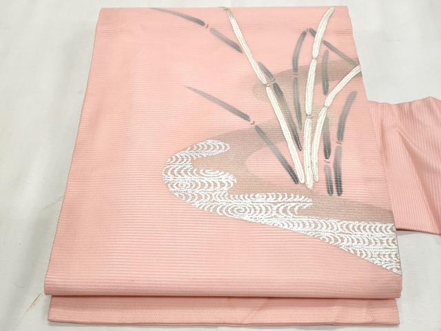 平和屋着物＊夏物　九寸名古屋帯　駒刺繍　流水草葉文　銀彩　正絹　逸品　CABL2138fb