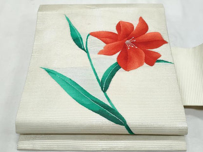 平和屋着物＊夏物　九寸名古屋帯　枝花文　銀糸　正絹　逸品　CABL2139fb