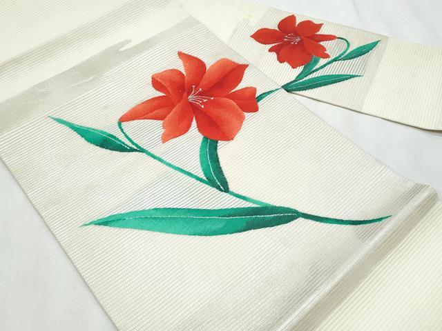 平和屋着物＊夏物　九寸名古屋帯　枝花文　銀糸　正絹　逸品　CABL2139fb