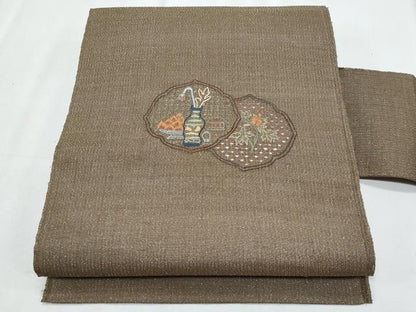 平和屋着物＊夏物　八寸名古屋帯　スワトウ刺繍　総刺繍　陶器花文　金糸　正絹　逸品　CABL2153fb