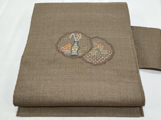 平和屋着物＊夏物　八寸名古屋帯　スワトウ刺繍　総刺繍　陶器花文　金糸　正絹　逸品　CABL2153fb