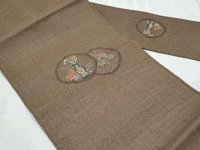 平和屋着物＊夏物　八寸名古屋帯　スワトウ刺繍　総刺繍　陶器花文　金糸　正絹　逸品　CABL2153fb