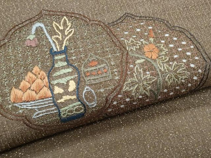 平和屋着物＊夏物　八寸名古屋帯　スワトウ刺繍　総刺繍　陶器花文　金糸　正絹　逸品　CABL2153fb