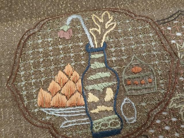 平和屋着物＊夏物　八寸名古屋帯　スワトウ刺繍　総刺繍　陶器花文　金糸　正絹　逸品　CABL2153fb