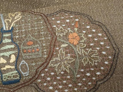 平和屋着物＊夏物　八寸名古屋帯　スワトウ刺繍　総刺繍　陶器花文　金糸　正絹　逸品　CABL2153fb