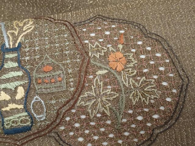 平和屋着物＊夏物　八寸名古屋帯　スワトウ刺繍　総刺繍　陶器花文　金糸　正絹　逸品　CABL2153fb